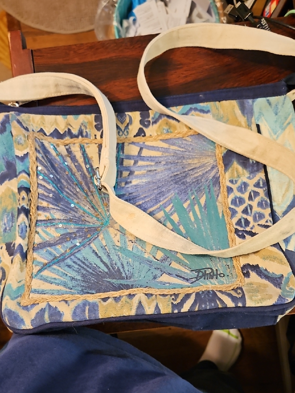 Blue & Teal Canvas Shoulder Bag with Cream Strap